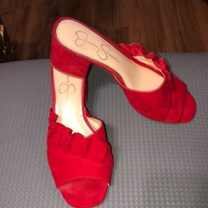 Jessica Simpson red suede slip on sandal.